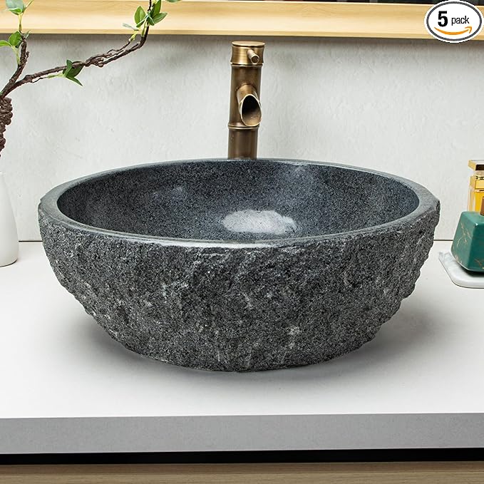 100% Pure Hand Carved Surface Bathroom Sinks - Dark Gray Stone Vanity Sinks - Black Speckled Vanity Sinks, Personalized Sinks, Rustic Farmhouse Style