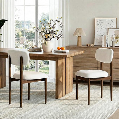 Casaphoria Upholstered Dining Chairs Set of 2, Mid-Century Modern Kitchen Chairs with Solid Wood Legs & Thick Cushion, Ergonomic Fabric Accent Chairs for Dining Room, Vanity & Office, White/Walnut