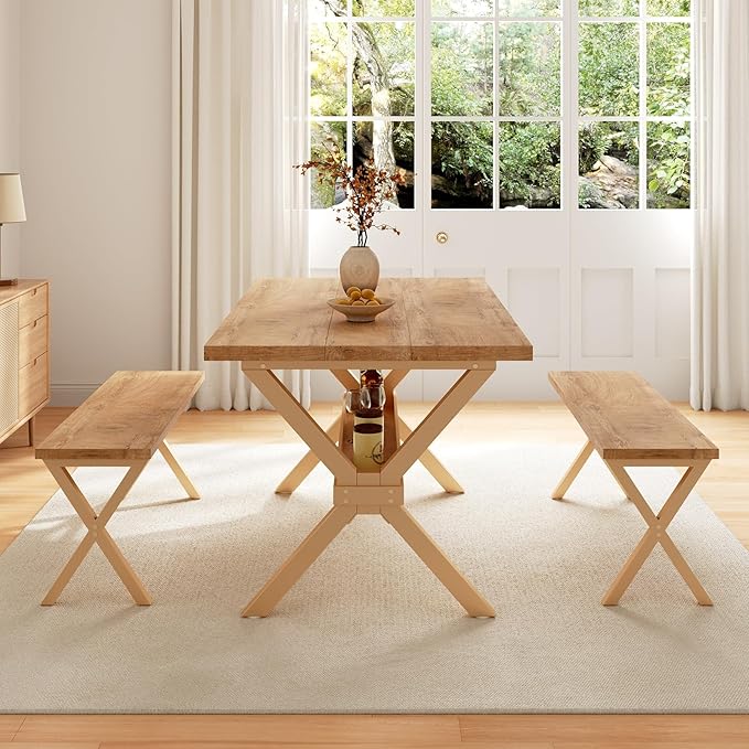 HIPIHOM 63" Dining Table Set with 2 Dining Benches for 4, Scratch Resistance MDF Kitchen Table with Sturdy Metal Legs, Small Dining Table Sets for 4 for Family Gatherings