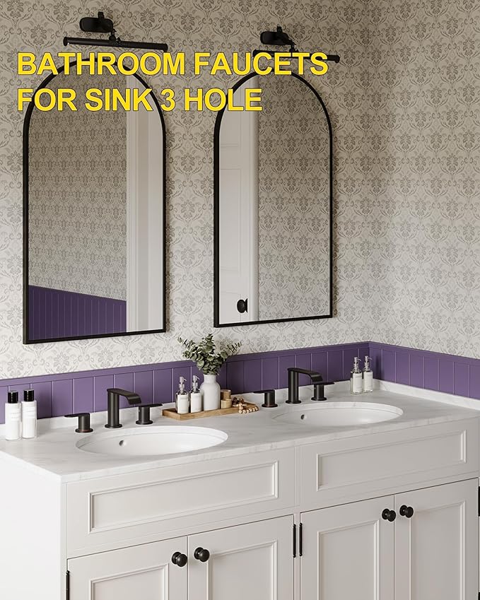 Homevacious Matte Black Waterfall Bathroom Faucet for Sink 3 Hole 8 Inch Widespread Bathroom Sink Faucets with Pop-up Drain Supply Lines Stainless Steel 2-Handle Bathroom Sink Faucet for Bath Vanity