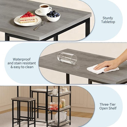 IDEALHOUSE 36" Counter Height Dining Table Set for 2 with Bar Stools and Storage Shelves, Space-Saving Kitchen Table for Small Space, Apartment, Studio, Grey
