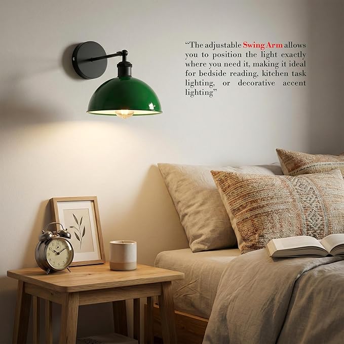 Dome Metal Wall Sconce, 180° Adjustable Industrial Wall Lamp for Bedside, Study, Kitchen, and Living Room Décor. (Green_)
