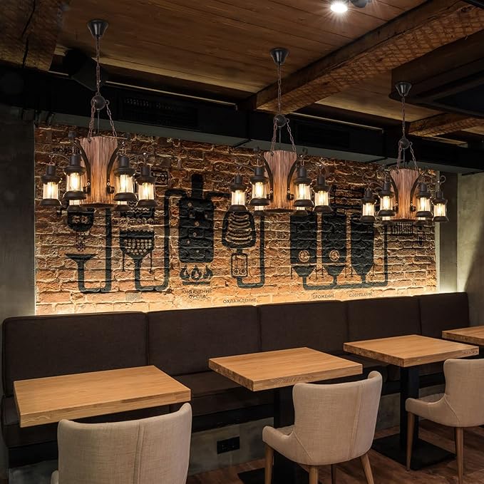 6-Light Wood Hanging Lamp, Industrial Farmhouse Island Chandelier with Black Metal Lampshade & Adjustable Cord, Retro Loft Chandelier Dinning Table Pendant Lamp Fixtures for Bar Home Hotel Hallway