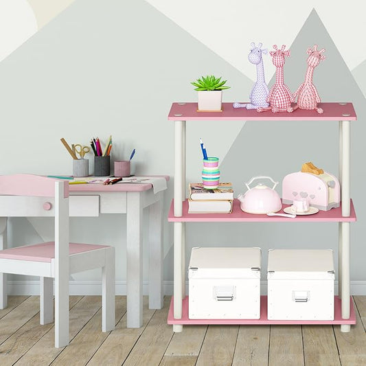 Furinno TURN-N-TUBE Storage Shelves, 3-Tier Book Shelf, Corner Shelf, Toolless Open Shelves, for Organization and Storage, Living Room, Garage, Home Office, Pink