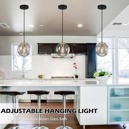 KoKo&Yukina 8 Inch Gold Pendant Light Globe Pendant Lights Kitchen Island Mid Century Light Fixture with Grey Glass Shade Adjustable Globe Cluster Lights for Dining Room Living Room