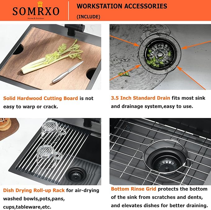 21x20 Black Bar Sink Drop In - 16 Gauge Black Stainless Steel Small Kitchen Sink, 10" Deep Single Bowl Workstation Sinks with Accessories for RV, Outdoor Kitchen & Wet Bar