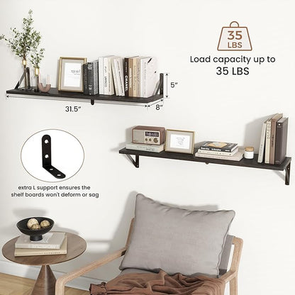 Axeman 32 Inch Floating Shelves | 8 Inch Deep Black Wood Wall Shelves Set of 2 | 31.5" W x 8" D Rustic Black Shelves for Bathroom Kitchen Living Room