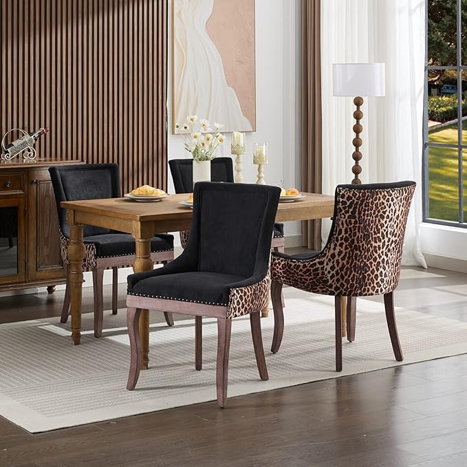 Ball & Cast Mid-century Upholstered Dining Chairs Set of 2, Thickened Fabric Wing Back Kitchen Side-Chairs with Bronze Nail Head & Toned Solid Wood Legs, Two Tone Traditional Chair,Black+Leopard Print