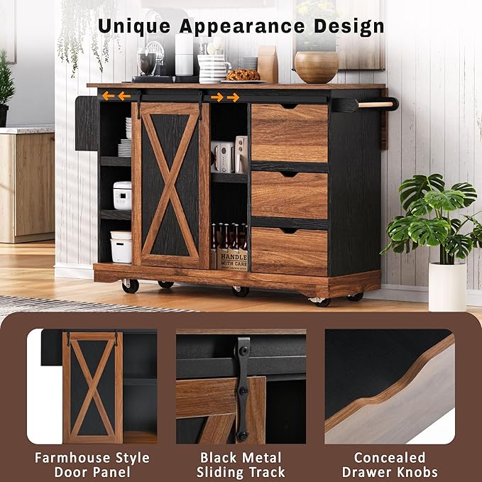 RUNNA Farmhouse Kitchen Island with Drop Leaf, Kitchen Storage Island with Barn Door, Power Outlet,Rolling Kitchen Cart on Wheels with Spice Rack, for Home, Kitchen,Dining Room (Black_29)