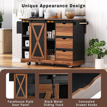 RUNNA Farmhouse Kitchen Island with Drop Leaf, Kitchen Storage Island with Barn Door, Power Outlet,Rolling Kitchen Cart on Wheels with Spice Rack, for Home, Kitchen,Dining Room (Black_29)