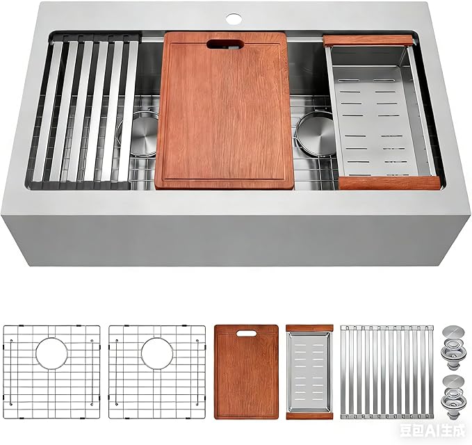 Farmhouse Kitchen Sink 33 x 22 Drop In, 50/50 Double Bowl Farm Sinks, 16 Gauge Stainless Steel Workstation Sink with Ledge & Accessories, 33" x 22" x 10" Large and Deep Double Sink