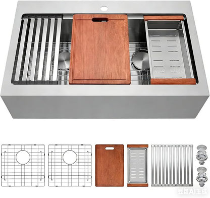 Farmhouse Kitchen Sink 33 x 22 Drop In, 50/50 Double Bowl Farm Sinks, 16 Gauge Stainless Steel Workstation Sink with Ledge & Accessories, 33" x 22" x 10" Large and Deep Double Sink