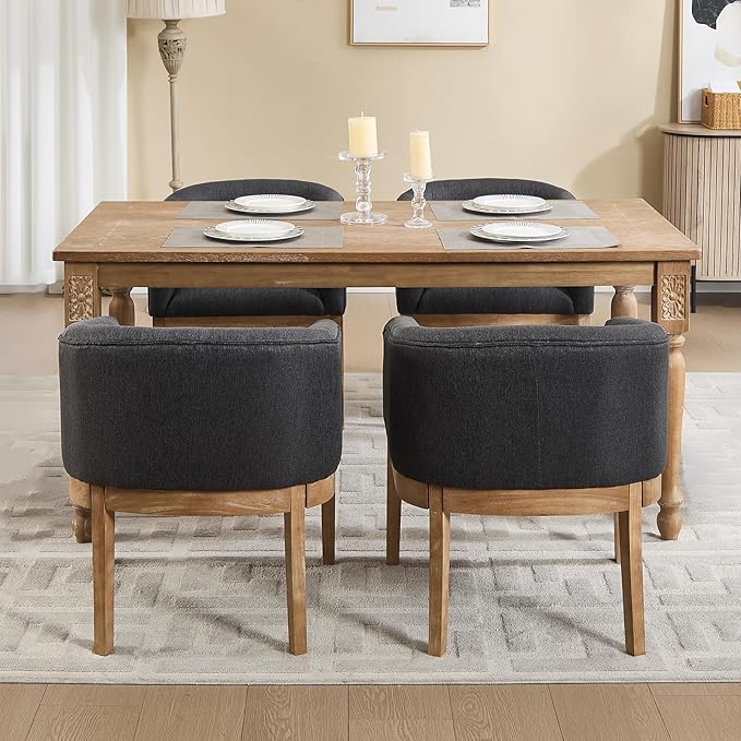 Barrel Dining Chairs Set of 4, Mid Century Modern Farmhouse Kitchen Chairs with Wood Legs, Linen Upholstered Accent Chair with Arms for Living Room/Bedroom, Grey