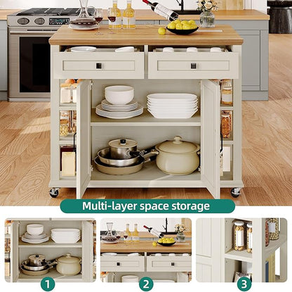 YITAHOME Kitchen Island with Drop Leaf, Mobile Storage Island with Power Outlet, Americana Rolling Kitchen Carts with Storage Shelves and Drawers, Island Table on Wheels for Dining Room, Beige