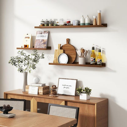 Picture Ledge Wall Shelves 36 inches Width Set of 3, Solid Pine Wood Rustic Floating Ledge Shelves for Wall for Kids' Room Bedroom Kitchen Bathroom Living Room Nursery Display Wall Decor, Walnut