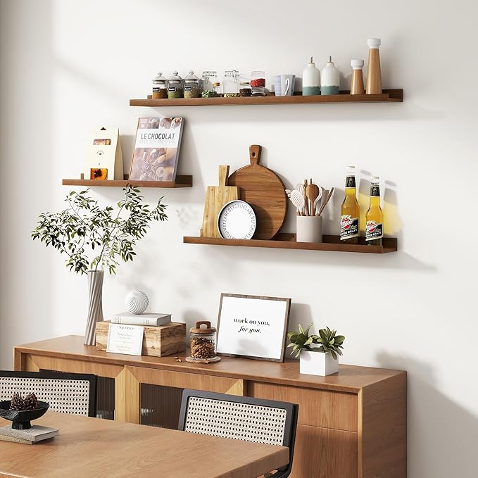 FLYJOE Picture Ledge Wall Shelves - Set of 3, 56 inches Width, Solid Pine Wood Rustic Floating Ledge Shelves for Kids' Room, Bedroom, Kitchen, Bathroom, Walnut