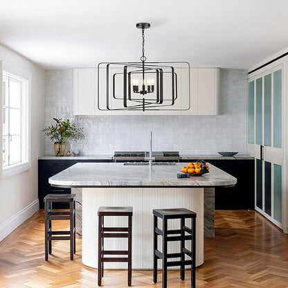 Untrammelife 32" Modern Black Chandelier - 5-Light Adjustable Height Geometric Rectangular Pendant Light Fixture for Dining Room, Living Room, Kitchen Island, Foyer