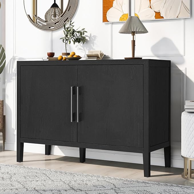 Merax Wood Farmhouse Buffet Sideboard with Metal Handles and 2 Doors, Coffee Bar Storge Cabinet Console Table for Living Room Bedroom Kitchen Hallway New Black