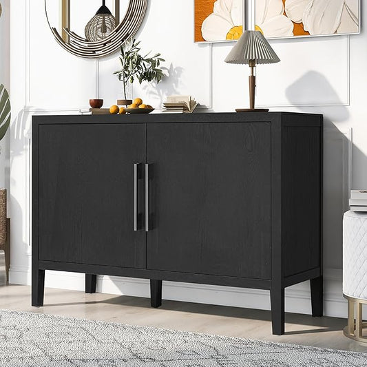Merax Wood Farmhouse Buffet Sideboard with Metal Handles and 2 Doors, Coffee Bar Storge Cabinet Console Table for Living Room Bedroom Kitchen Hallway New Black