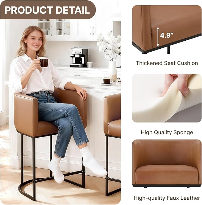 24" Counter Height Bar Stools Set of 4, Modern Barrel Counter Stools with Backrest and Arms, Faux Leather Upholstered Accent Barstools with Metal Legs for Kitchen Island,Brown