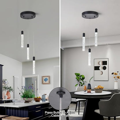 3 Light Pendant Lights Kitchen Island,Modern LED Bubble Crystal Pendants with Dimmable 3000K-6000K Ceiling Hanging Light Fixture for Dining Room Bedroom,Matte Black Finish,Adjustable Height 59"