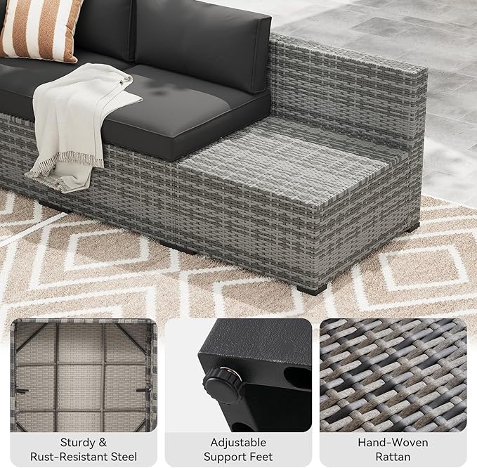 LazySunsets 14-Piece Patio Furniture Set, Wicker Rattan Outdoor Furniture with Thick Cushions, Patio Conversation Sets with Coffee Table, Outdoor Sectional Couch Sofa with Waterproof Cover, Black