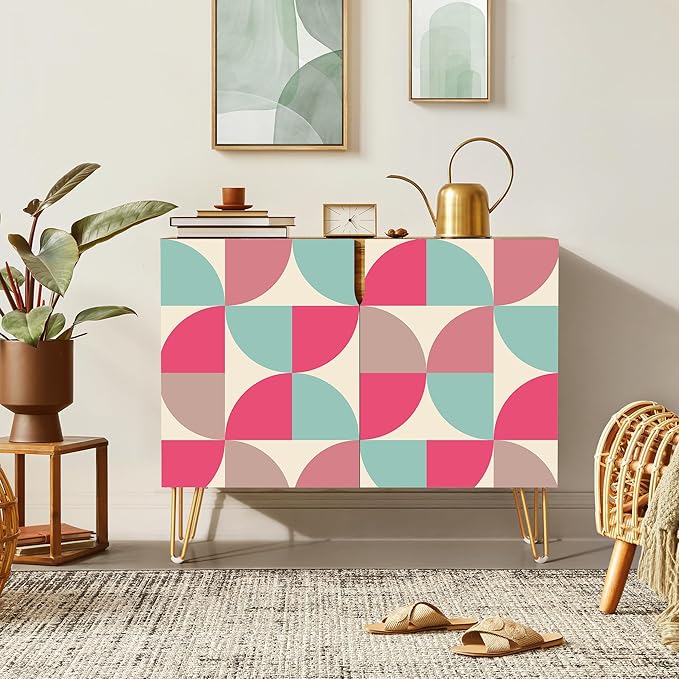 SIGNWIN Sideboard Buffet Cabinet, Kitchen Storage Cabinet with 2 Doors, Pink & Teal Retro Polygon Patternt, Cupboard Console Table for Dining Room - 35" L x 18" W x 29" H