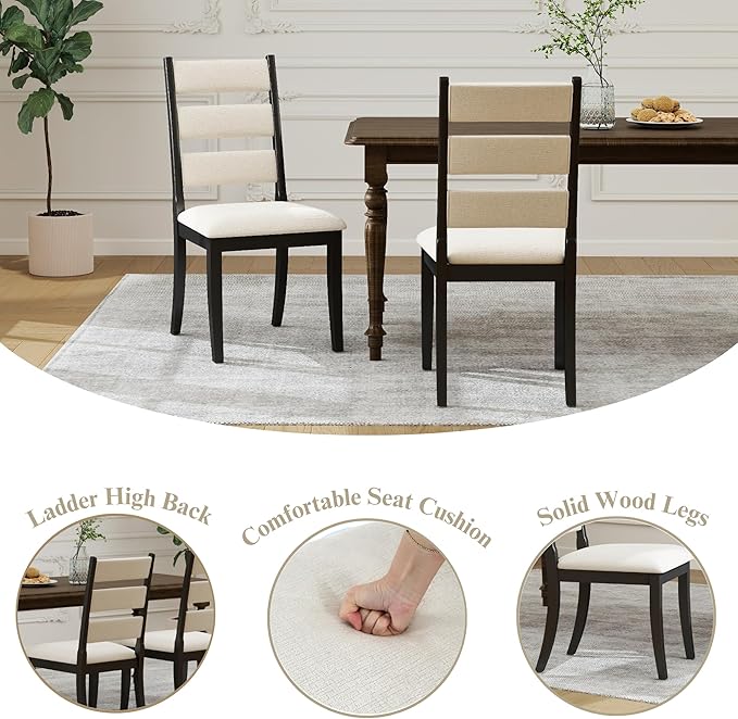 Upholstered Dining Chairs Set of 2, Rustic Chenille Ladder High Back Dining Room Kitchen Side Chairs with Non-Slip Foot Mats, Beige
