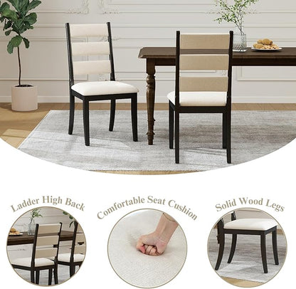 Upholstered Dining Chairs Set of 2, Rustic Chenille Ladder High Back Dining Room Kitchen Side Chairs with Non-Slip Foot Mats, Beige