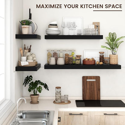 Venusmiles Floating Shelves for Wall, 48 Inch Wide x 12 Inch Deep Floating Shelves, Long Wood Floating Wall Shelf Shelves for Living Room Bathroom Bedroom Kitchen Home - (Black, 48" W x 12" D x 2" H)