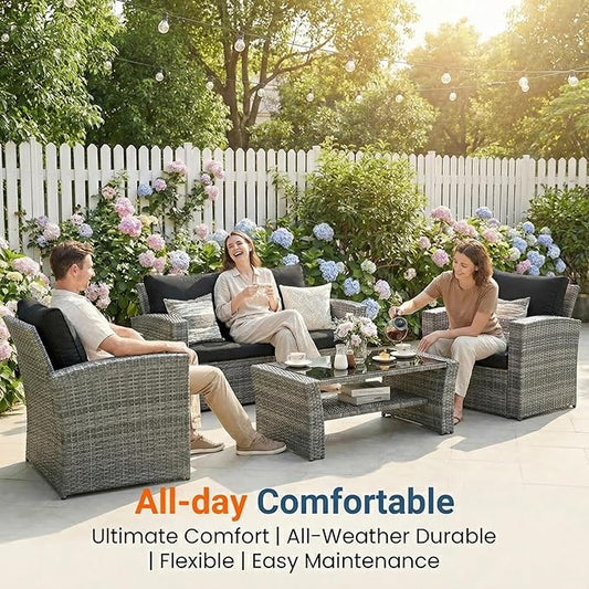 Wisteria Lane Patio Furniture Set, 5 Pieces Wicker Outdoor Furniture for All Weather, Patio Sofa with High Backrest Support and Wide Armrest for Backyard, Balcony, Deck, Porch, Black