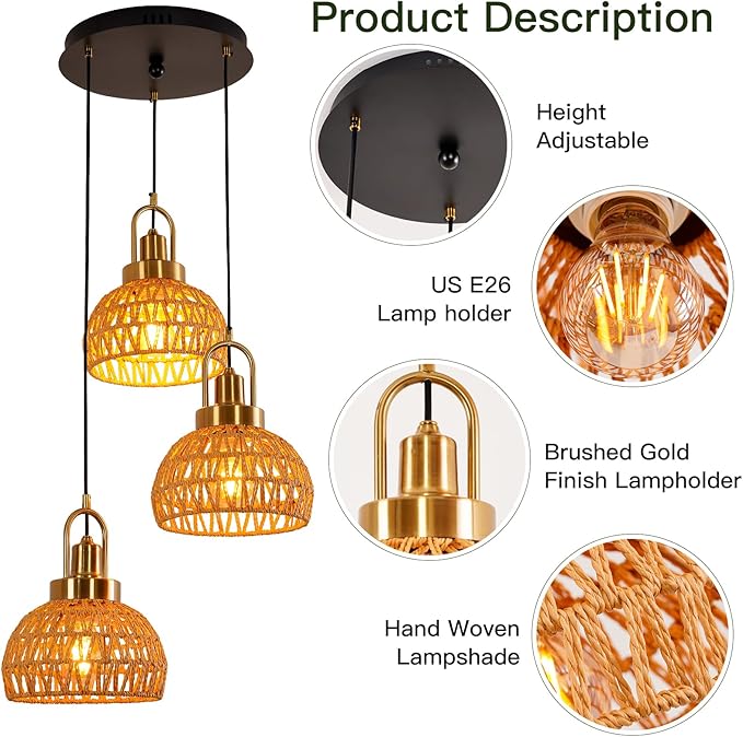 Modern Boho Gold Rattan Pendant Light 3-Lights Vintage Farmhouse Rattan Pendant Light Fixture Hand Woven Golden Bamboo Wicker Pendant Lights for Kitchen, Stairwell, Entryway, Living Room