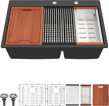 33 Granite Composite Kitchen Sink Double Bowl - Fulorni 33"x22" Matte black Granite Kitchen Sink Ledge Workstation Drop in Topmount Double Bowl 60/40 Quartz Classic Above Counter Basin