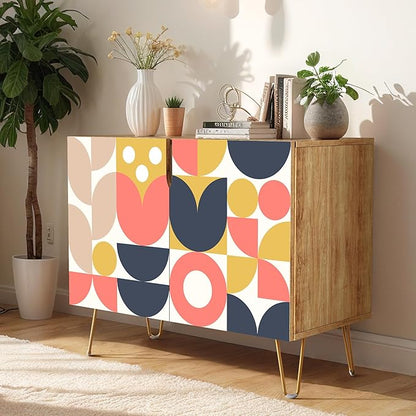 SIGNWIN Sideboard Buffet Cabinet, Kitchen Storage Cabinet with 2 Doors, Mid-Century Vibrant Polygon Pattern, Cupboard Console Table for Dining Room - 35" L x 18" W x 29" H