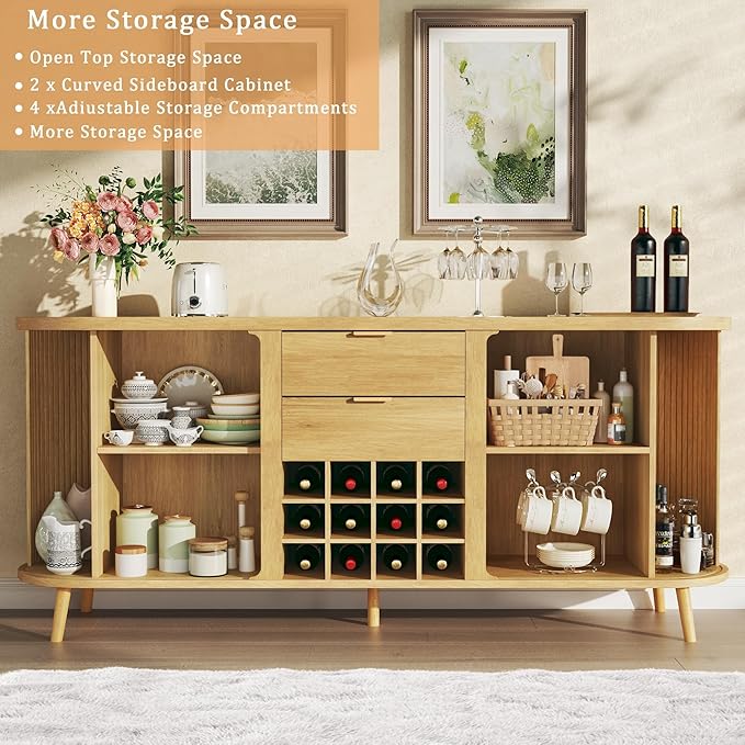 HUAHUU 58" Buffet Cabinet with Storage, Fluted Wine Bar Cabinet with Drawers & Adjustable Shelves, Mid-Century Modern Buffet Sideboard with 12 Wine Racks for Kitchen Living Room, Natural Oak