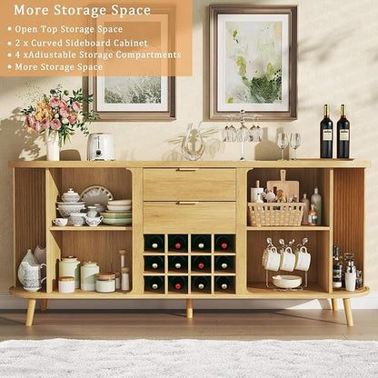 HUAHUU 58" Buffet Cabinet with Storage, Fluted Wine Bar Cabinet with Drawers & Adjustable Shelves, Mid-Century Modern Buffet Sideboard with 12 Wine Racks for Kitchen Living Room, Natural Oak