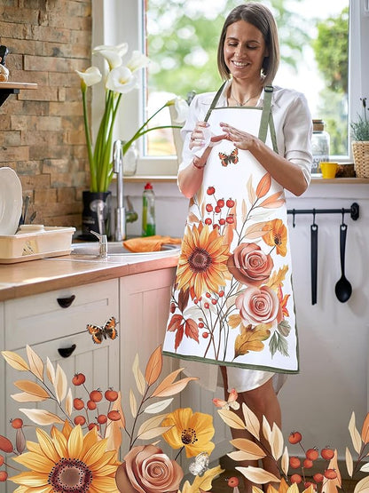 Bencailor 6 Pcs Spring Kitchen Aprons with Pockets Flower Rooster Bee Butterfly Sunflower Summer Aprons Bulk for Women(Brown,Fall)