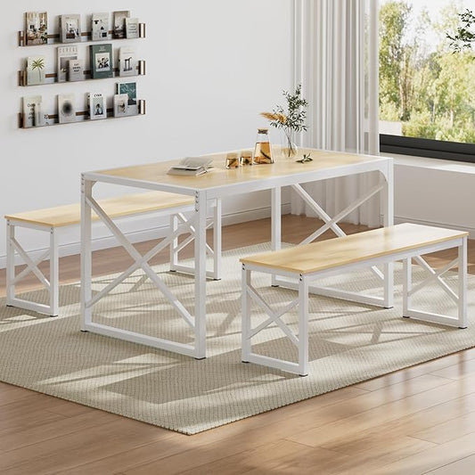 VECELO Kitchen Dining Table Benches Set for 4/6, 55" Wooden Dinette with 2 Benches, Large Embedded Desktop for Small Space, Breakfast Nook, Natural Oak