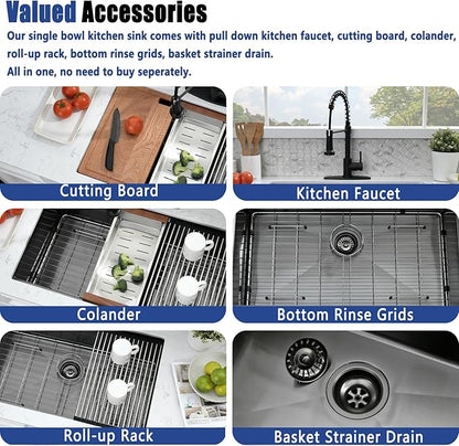 32 Inch Black Undermount Kitchen Sink with Faucet - 32x19 Black Stainless Steel Undermount Sink with Faucet Combo, 10 Inch Deep Single Bowl Workstation Sinks with Accessories
