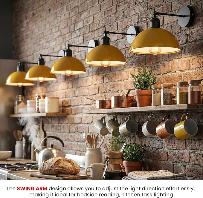 Dome Metal Wall Sconce, 180° Adjustable Industrial Wall Lamp for Bedside, Study, Kitchen, and Living Room Décor. (Yellow_)