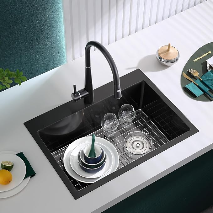 26 inch Drop-in Black Kitchen Sink Single Bowl, Topmount Kitchen Sink with Protective Bottom Grid, Overmount 304 Stainless Steel Kitchen Bar Sink Handmade with Basket Strainer, 26×18×9 inch