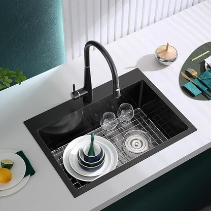 26 inch Drop-in Black Kitchen Sink Single Bowl, Topmount Kitchen Sink with Protective Bottom Grid, Overmount 304 Stainless Steel Kitchen Bar Sink Handmade with Basket Strainer, 26×18×9 inch