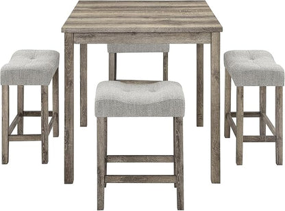 Ball & Cast 5 Piece Wooden Dining Table and Chairs Set for 4, 24" H Tufted Counter Stools with 35" Square Bar-Table, Industrial Breakfast Table with 4 Padded-Stool for Kitchen Island Playroom, Brown