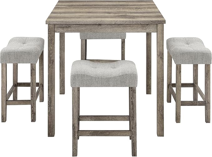 KEIKI 5 Piece Industrial Dining Table Set with 4 Upholstered Bar Stools, Counter Height Kitchen Table and Chairs Set, Space-Saving Breakfast Table Set for Dining Room, Living Room, Apartment, Brown