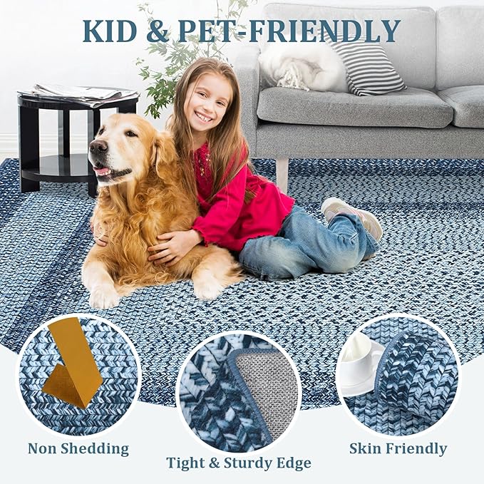 Washable Area Rug 6x9 Rug for Living Room Modern Area Rug for Bedroom Decor Blue Rug Geometric Area Rugs Bordered Non Slip Throw Rugs Stain Resistant Carpet for Nursery Dining Room 6'x9' Blue