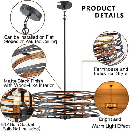 Bargeni Chandeliers,20 Inch Dining Room Light Fixture,Matte Black Dining Room Chandelier with Wood-Like Interior,5-Light Farmhouse Chandelier for Kitchen Island,Living Room,Foyer,Stairway