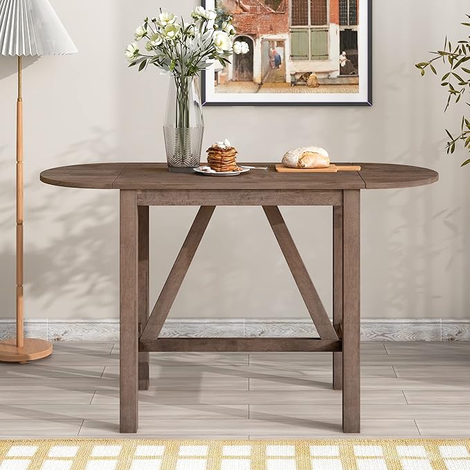 Farmhouse 3 Piece Counter Height Dining Table Set with Drop Leaf Round and 2 Upholstered Dining Chairs, Heavy Solid Wood Kitchen Dining Table Set for Small Place (Brown/Drop Leaf*A)