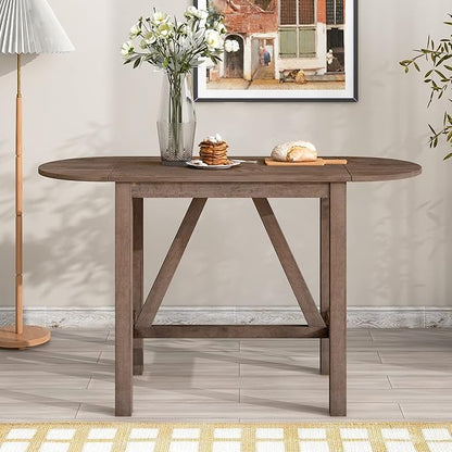 Farmhouse 3 Piece Counter Height Dining Table Set with Drop Leaf Round and 2 Upholstered Dining Chairs, Heavy Solid Wood Kitchen Dining Table Set for Small Place (Brown/Drop Leaf*A)