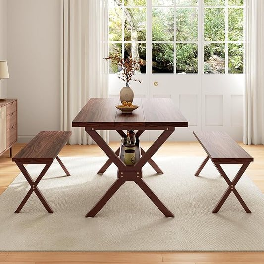 HIPIHOM 63" MDF Kitchen Table Set for 4 with Storage Shelves, Wooden Dining Table with 2 Benches, Thickened Surface and Strong Metal Frame, for Small Apartment Furniture Compact Dining Areas