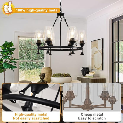 25" Farmhouse Chandelier, 6-Light Modern Black Dining Room Light Fixture Over Table with Clear Wine Glass Glass Shade, Industrial Hanging Pendant Lights Fixture for Kitchen Island Living Room Foyer